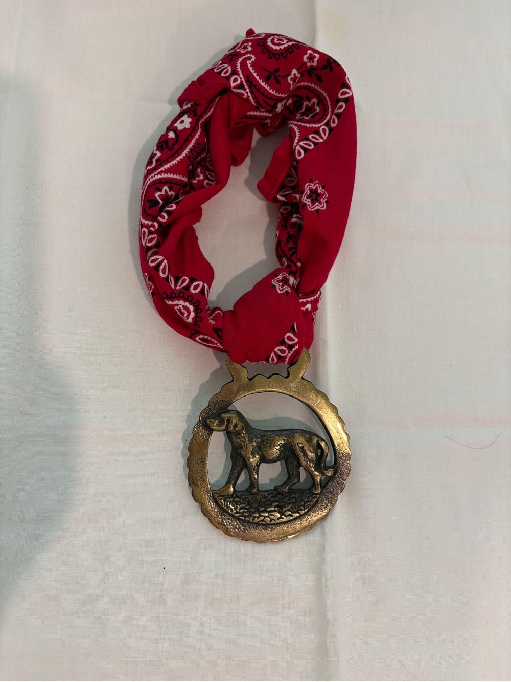 Red Bandana with vintage Bronze Dog Medallion